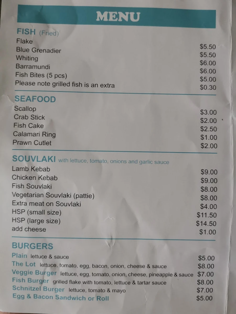 Menu, Clarinda Village Fish and Chippery