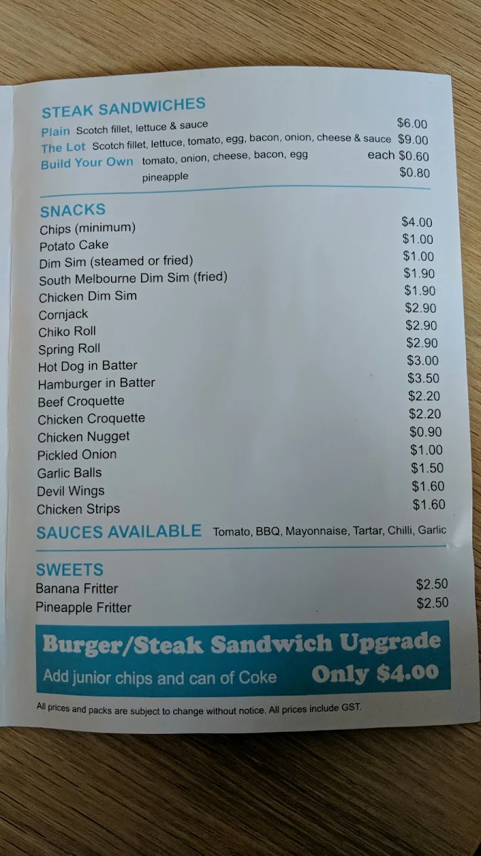 Menu, Clarinda Village Fish and Chippery