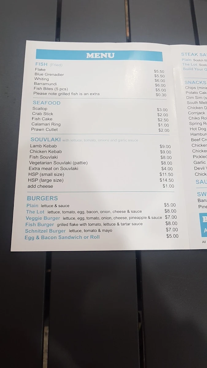 Menu, Clarinda Village Fish and Chippery