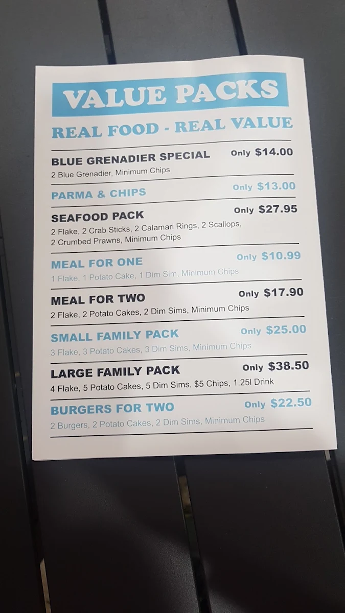 Menu, Clarinda Village Fish and Chippery