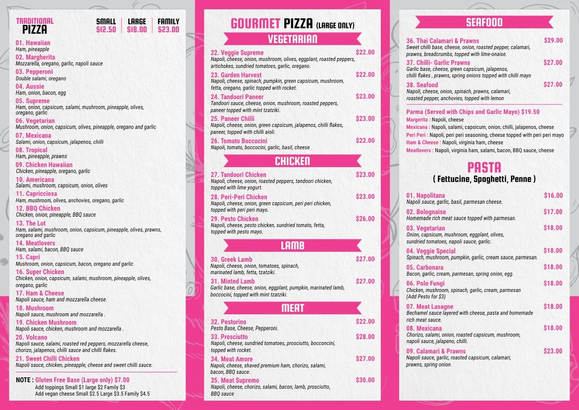 Menu, Vermont Pizzeria