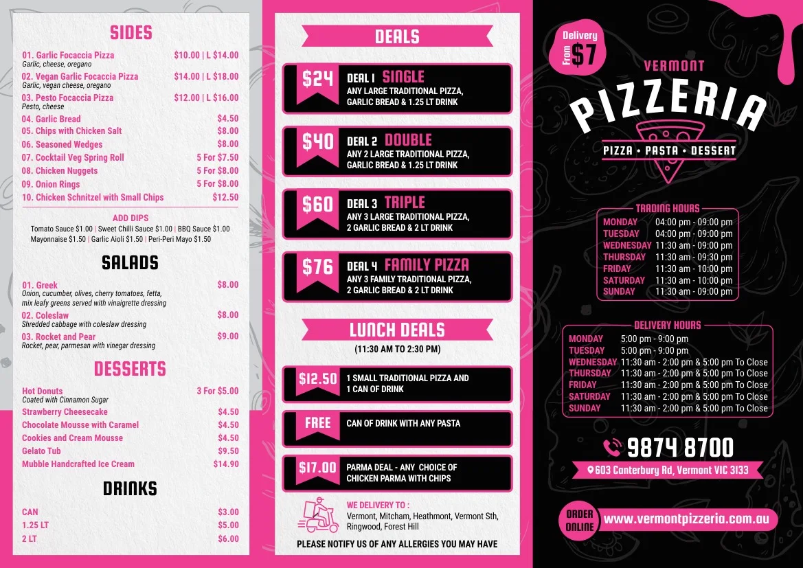 Menu, Vermont Pizzeria