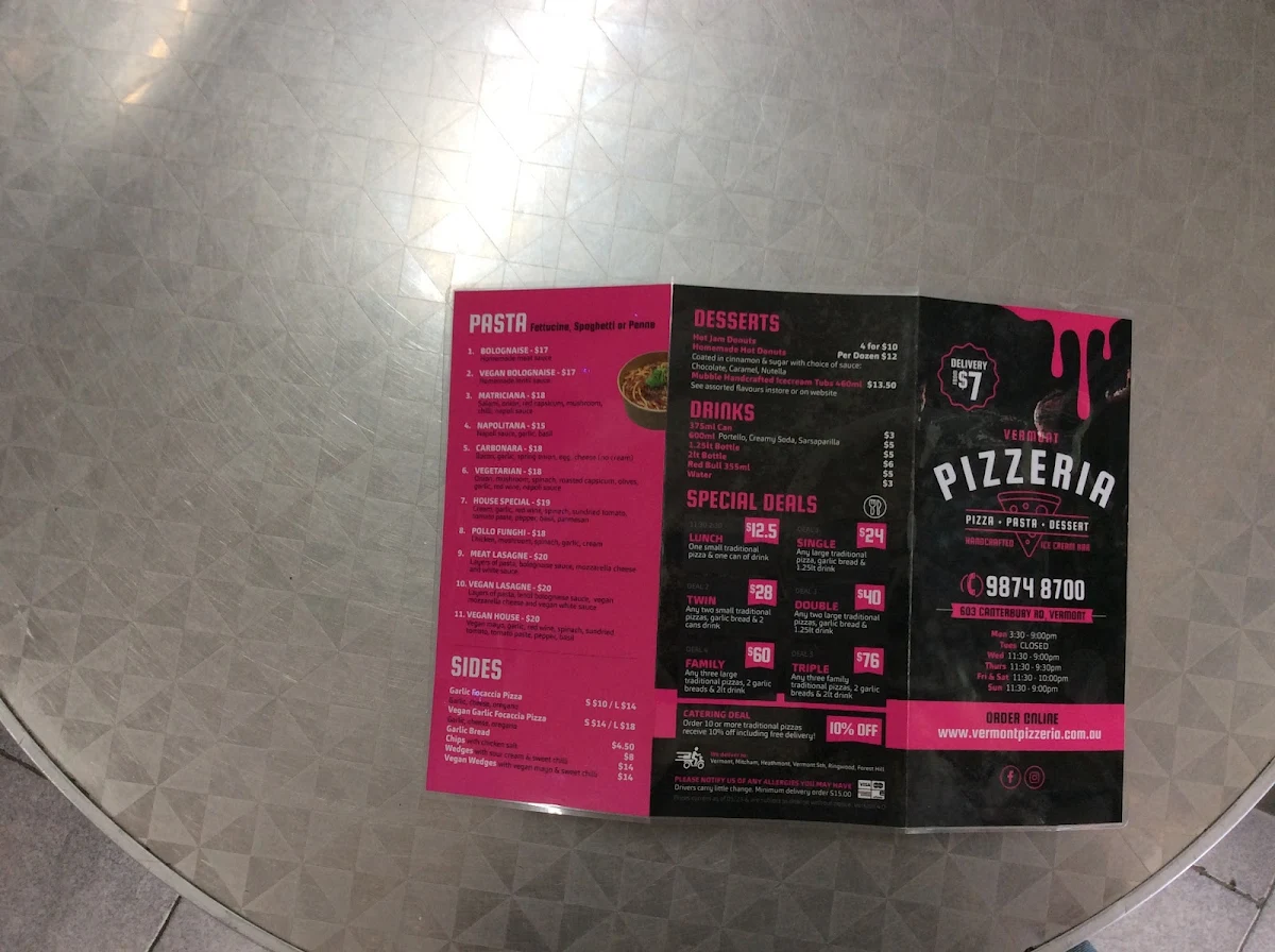 Menu, Vermont Pizzeria