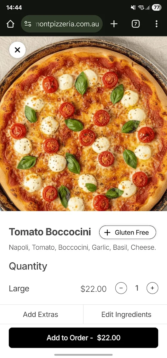 Menu, Vermont Pizzeria