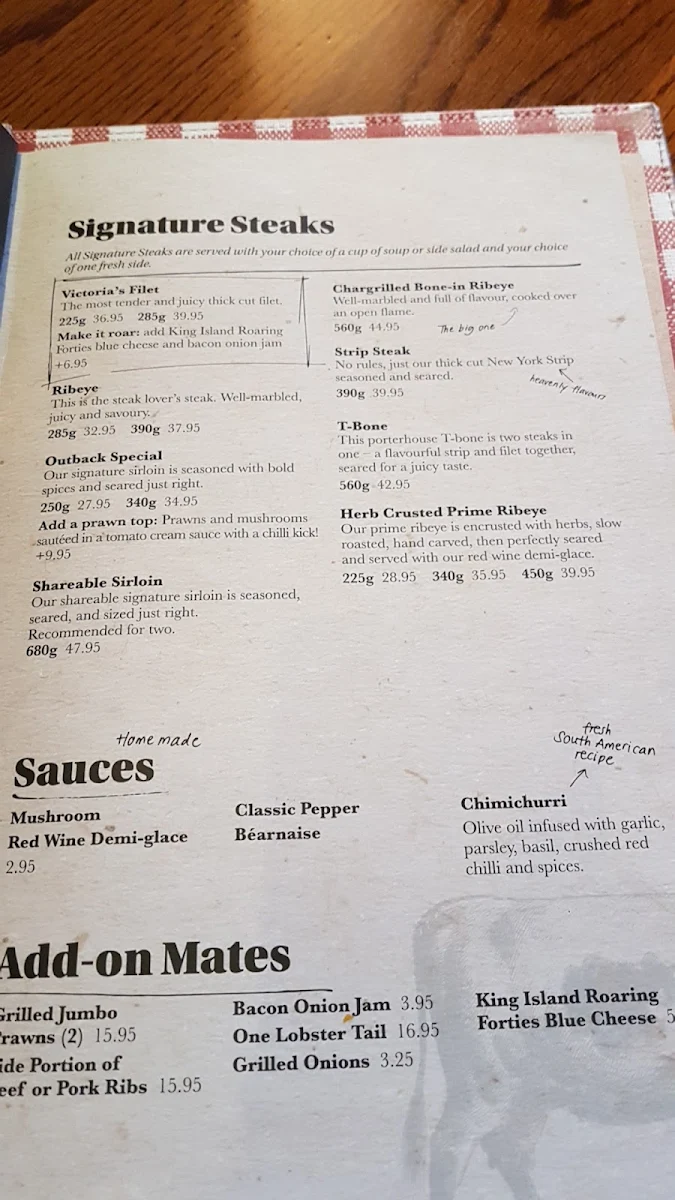 Menu, Outback Steakhouse Wollongong