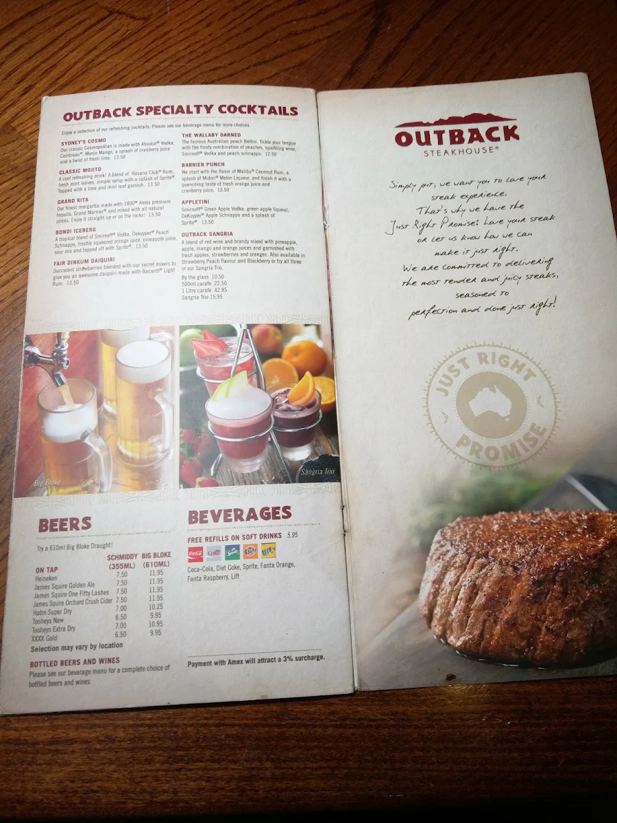 Menu, Outback Steakhouse Wollongong