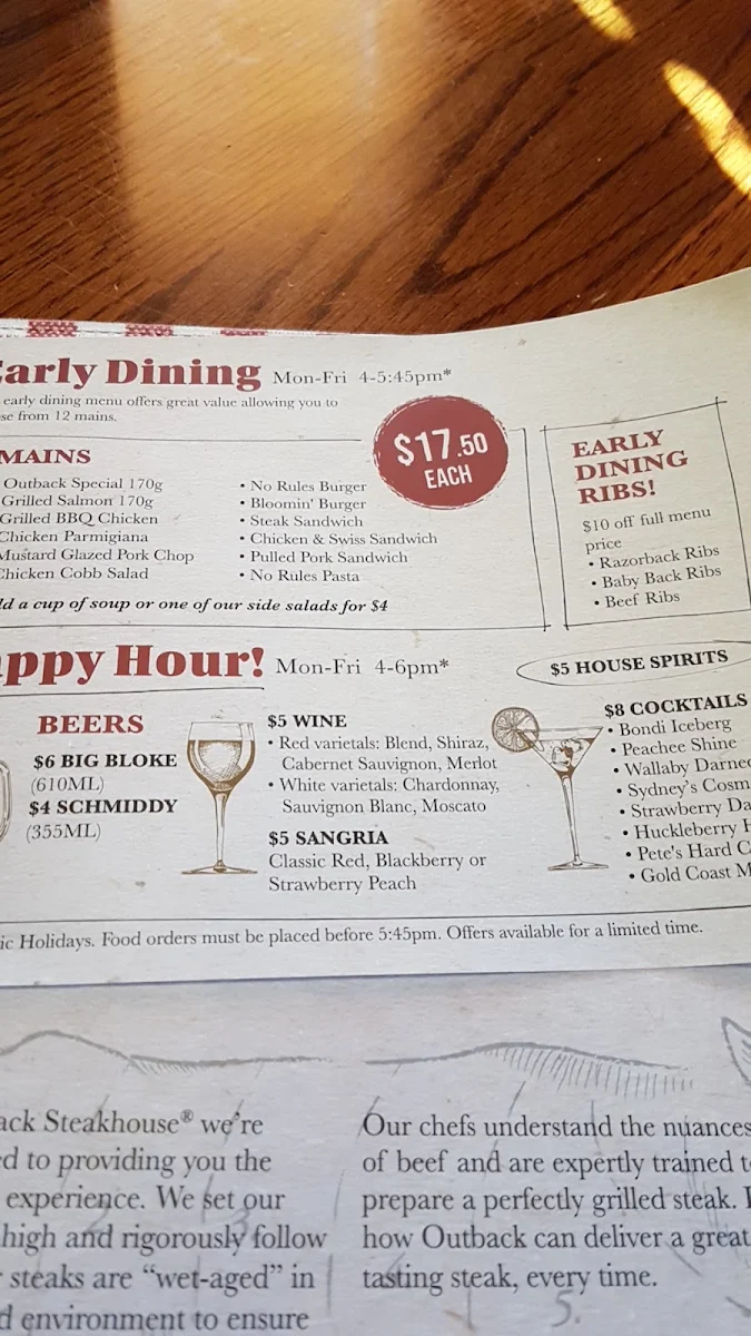 Menu, Outback Steakhouse Wollongong