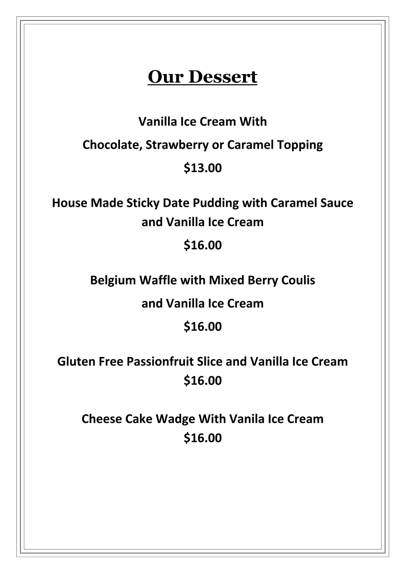 Menu, Kobbers Restaurant