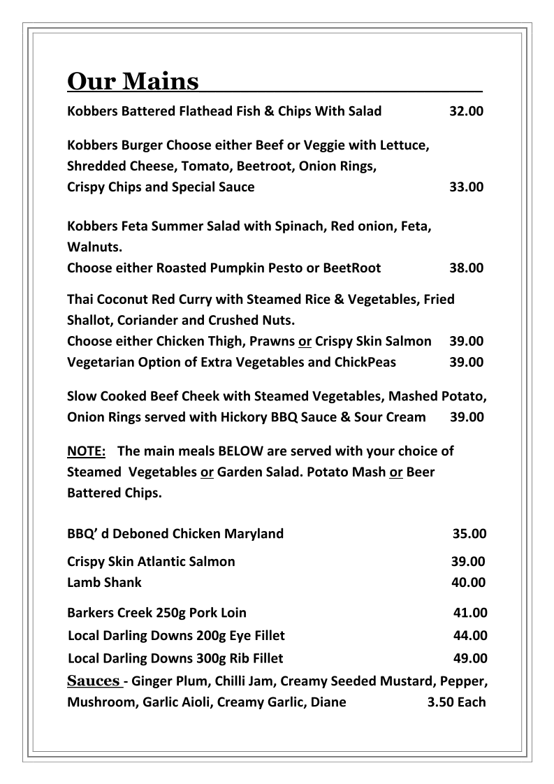 Menu, Kobbers Restaurant