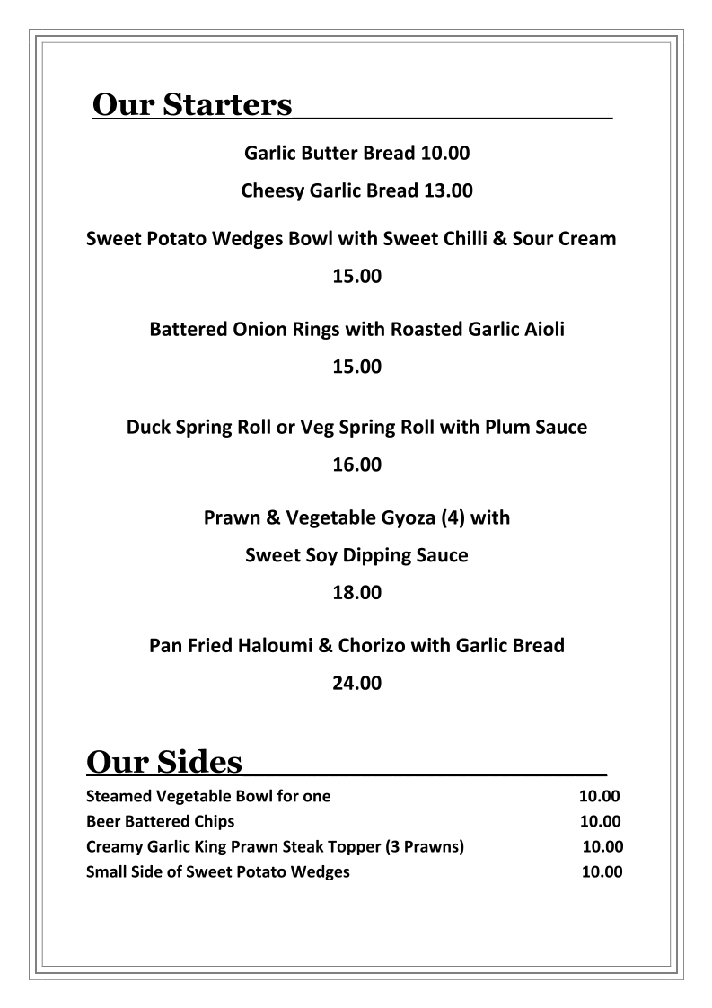 Menu, Kobbers Restaurant