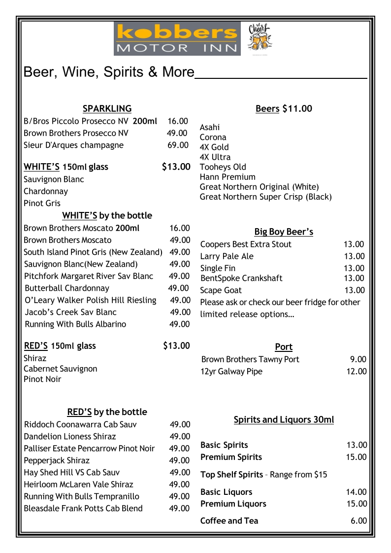 Menu, Kobbers Restaurant