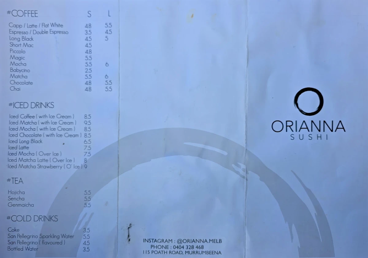 Menu, ORIANNA SUSHI CAFE