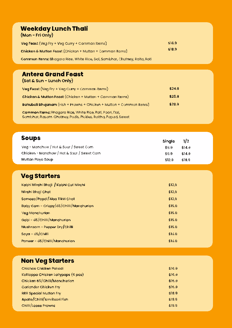 Menu, Antera Riverstone.