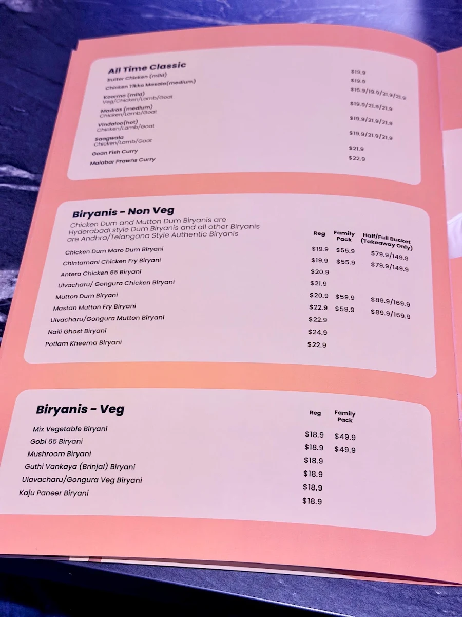 Menu, Antera Riverstone.