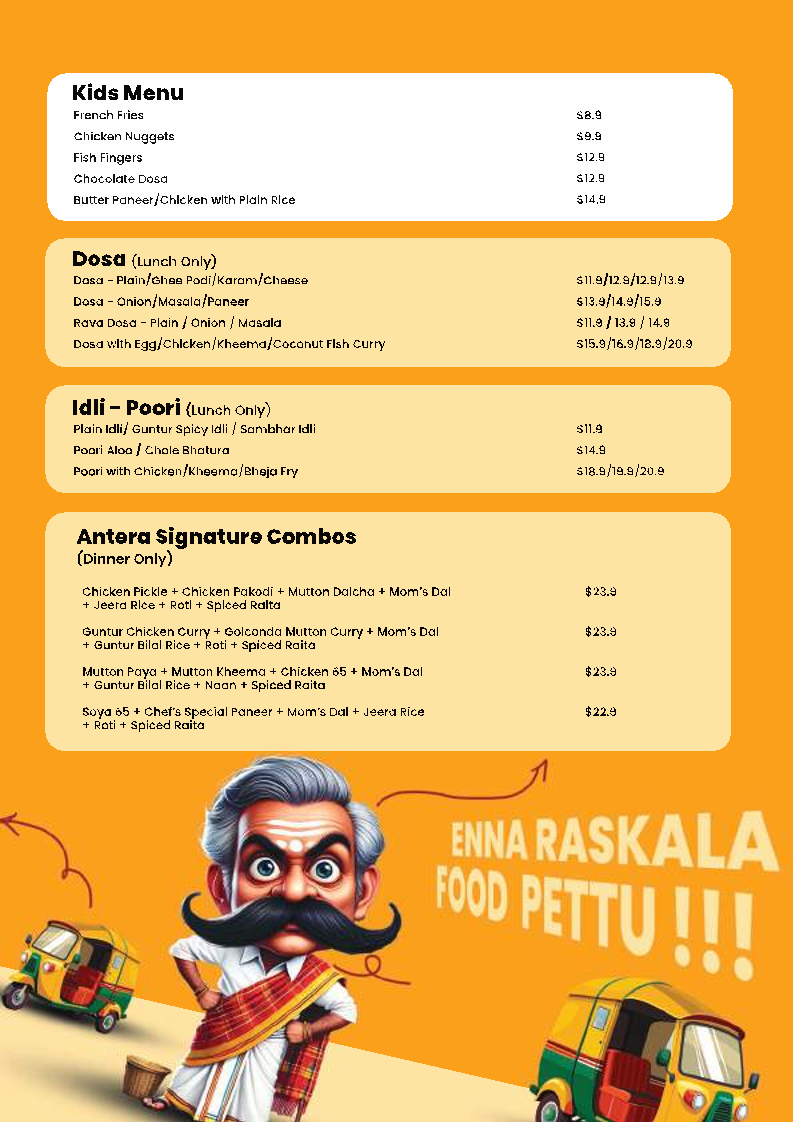 Menu, Antera Riverstone.