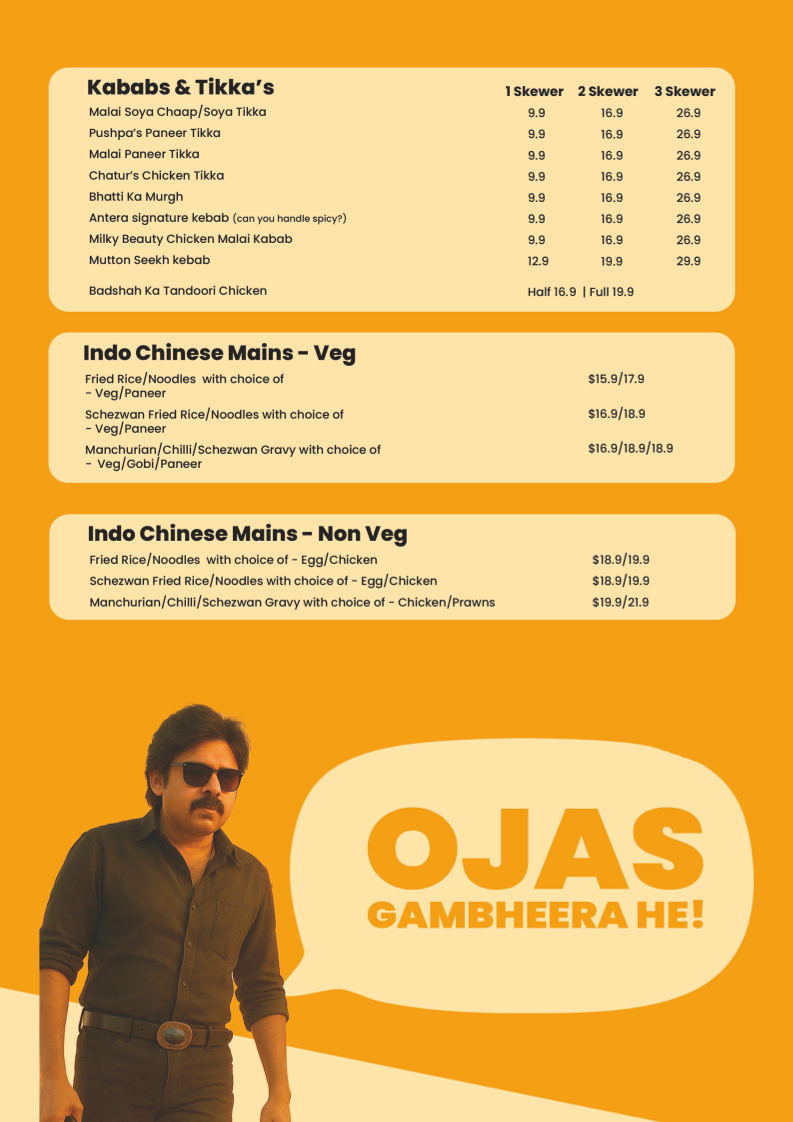 Menu, Antera Riverstone.