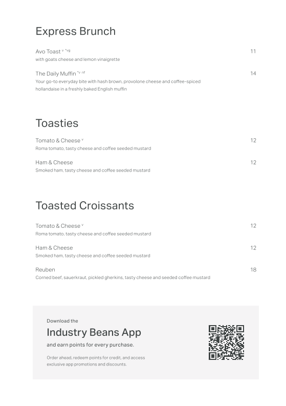 Menu, Industry Beans Lt. Collins
