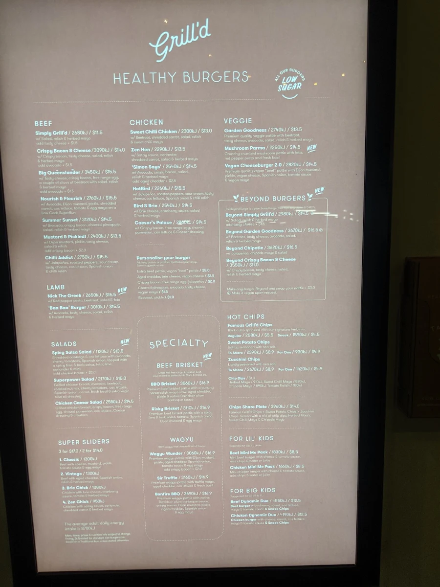 Menu, Grill'd Burgers - Fairfield Central
