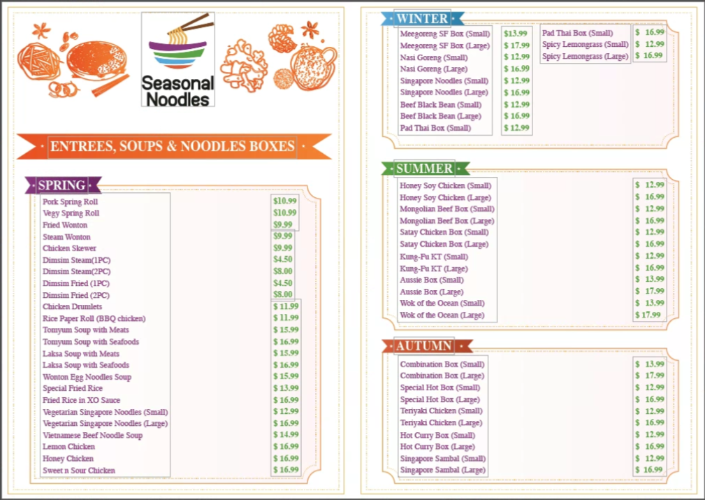 Menu, Seasonal Noodle