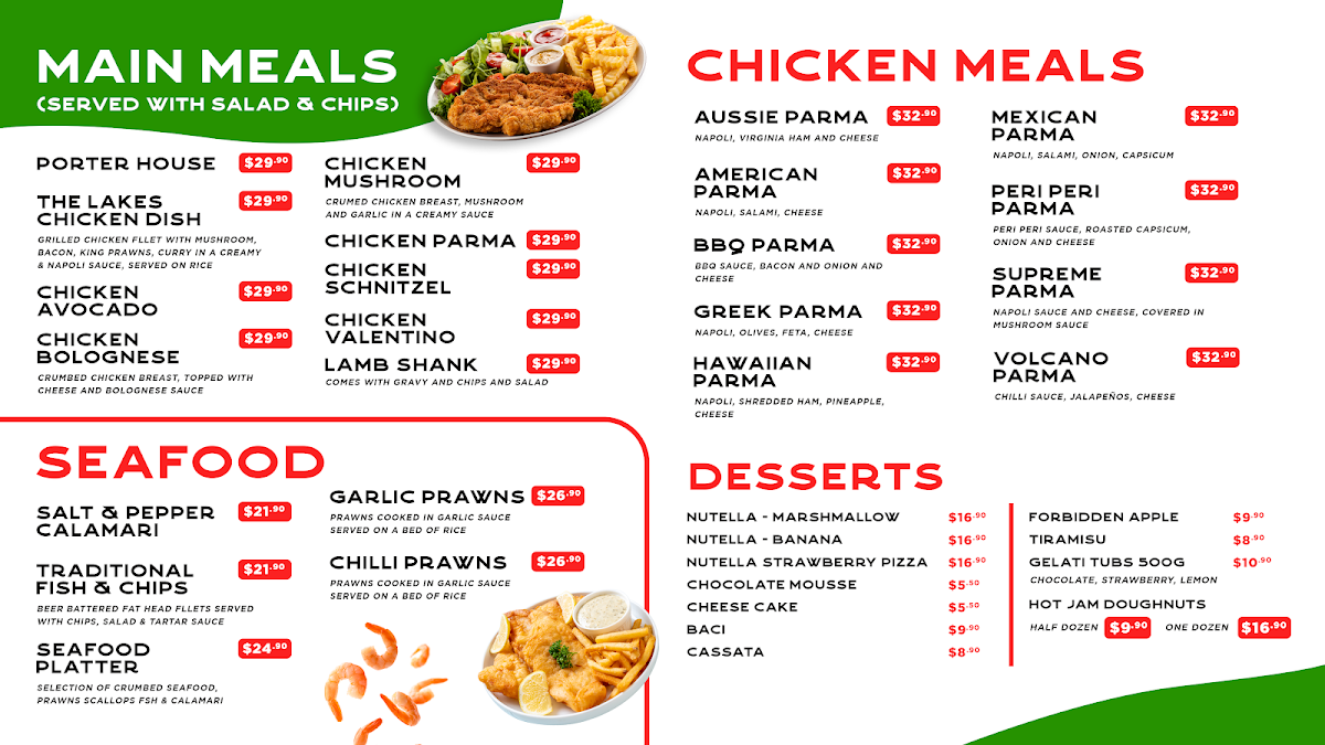 Menu, The Lakes Pizza Pasta and Ribs