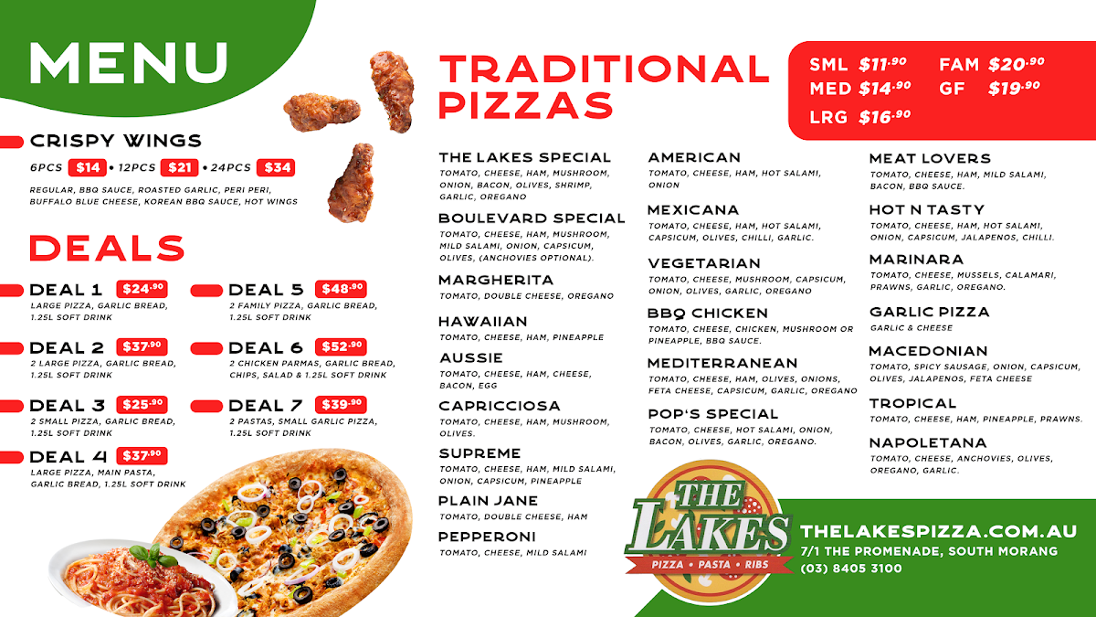 Menu, The Lakes Pizza Pasta and Ribs