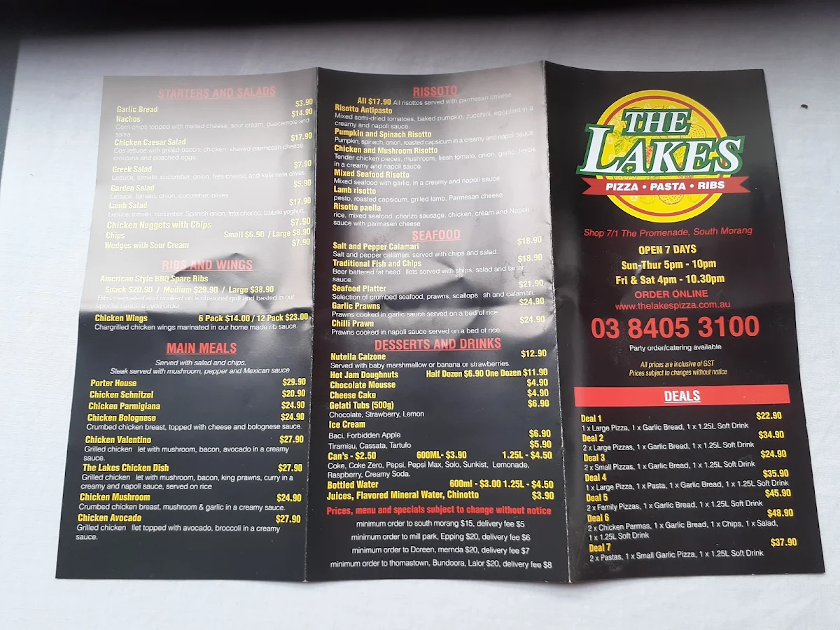 Menu, The Lakes Pizza Pasta and Ribs