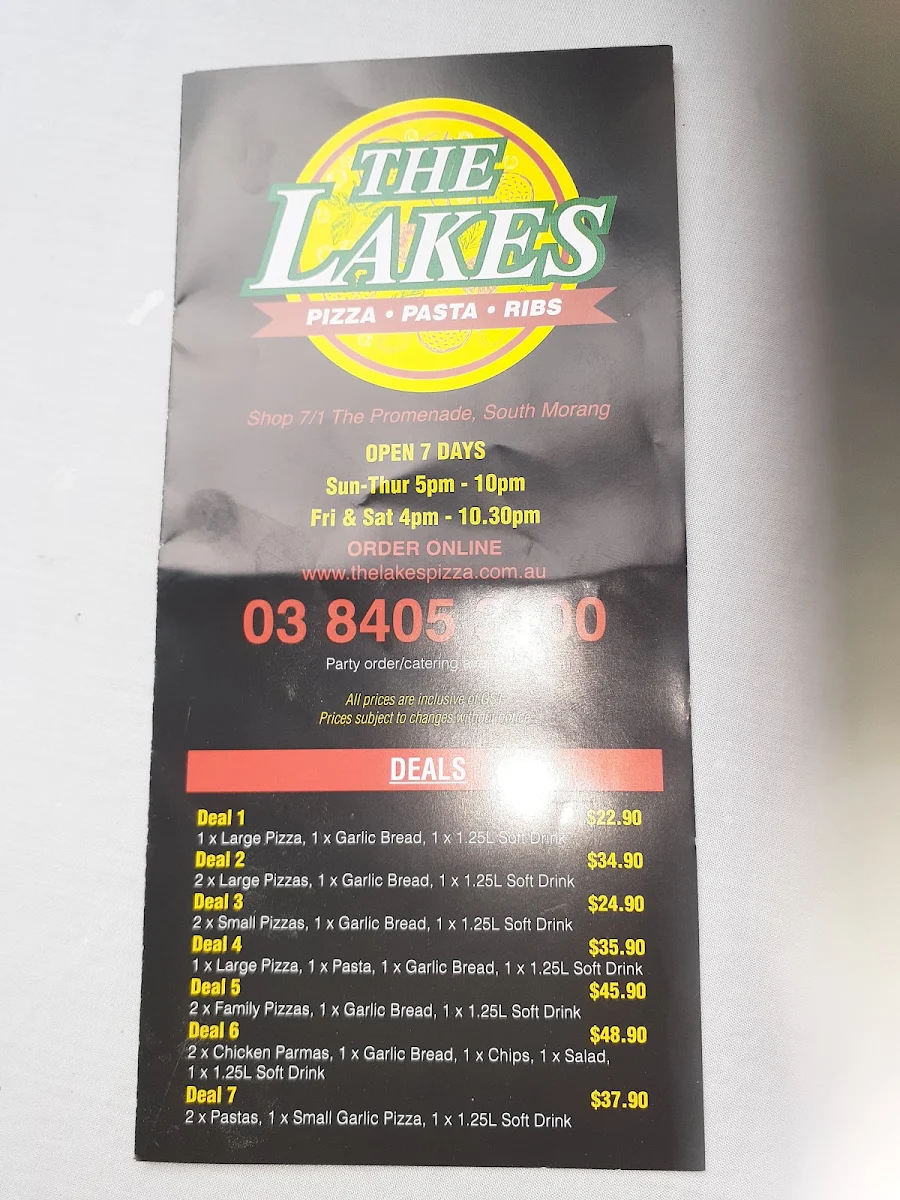 Menu, The Lakes Pizza Pasta and Ribs