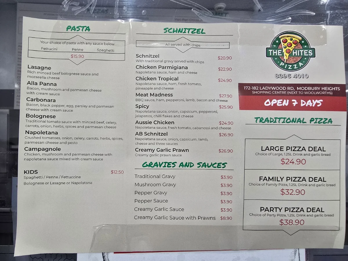 Menu, The Hites Pizza