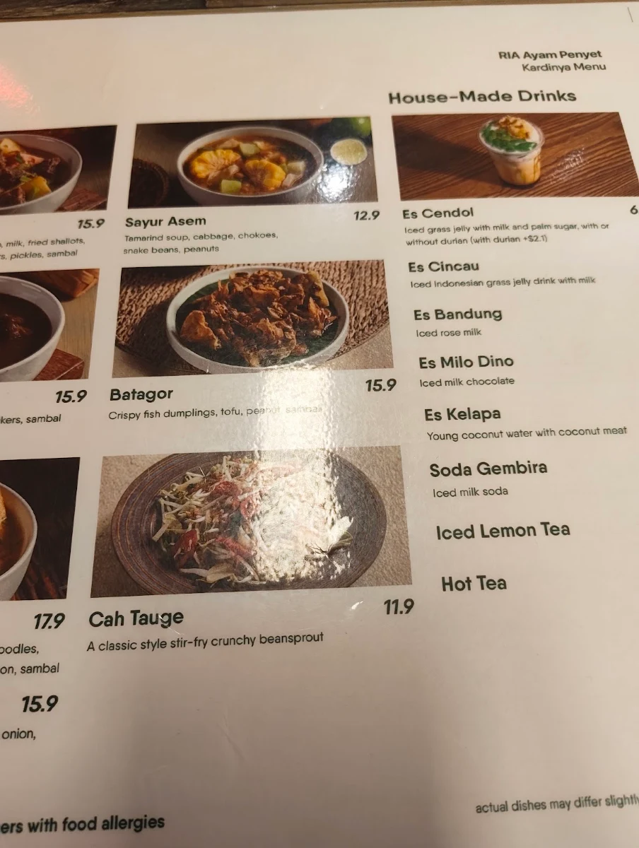 Menu, Ayam Penyet Ria Kardinya
