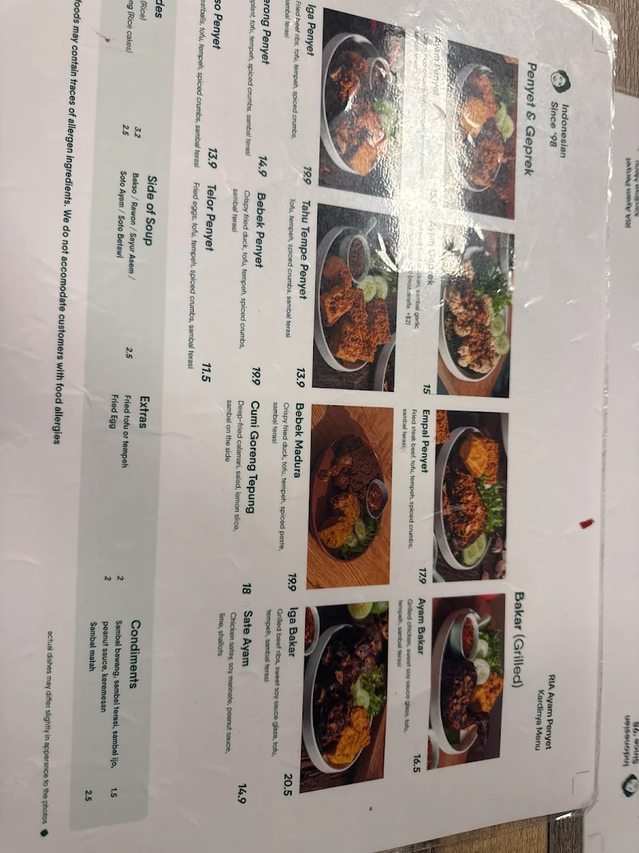Menu, Ayam Penyet Ria Kardinya