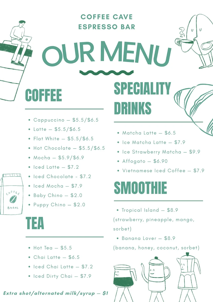Menu, Coffee Cave Espresso Bar