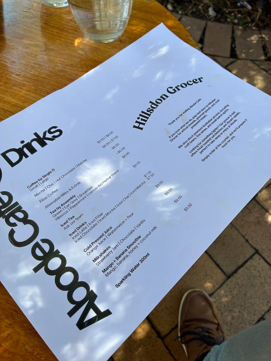 Menu, Abode Cafe