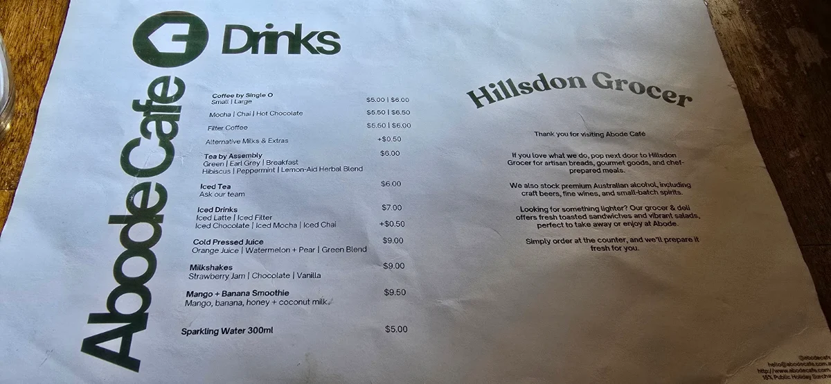Menu, Abode Cafe