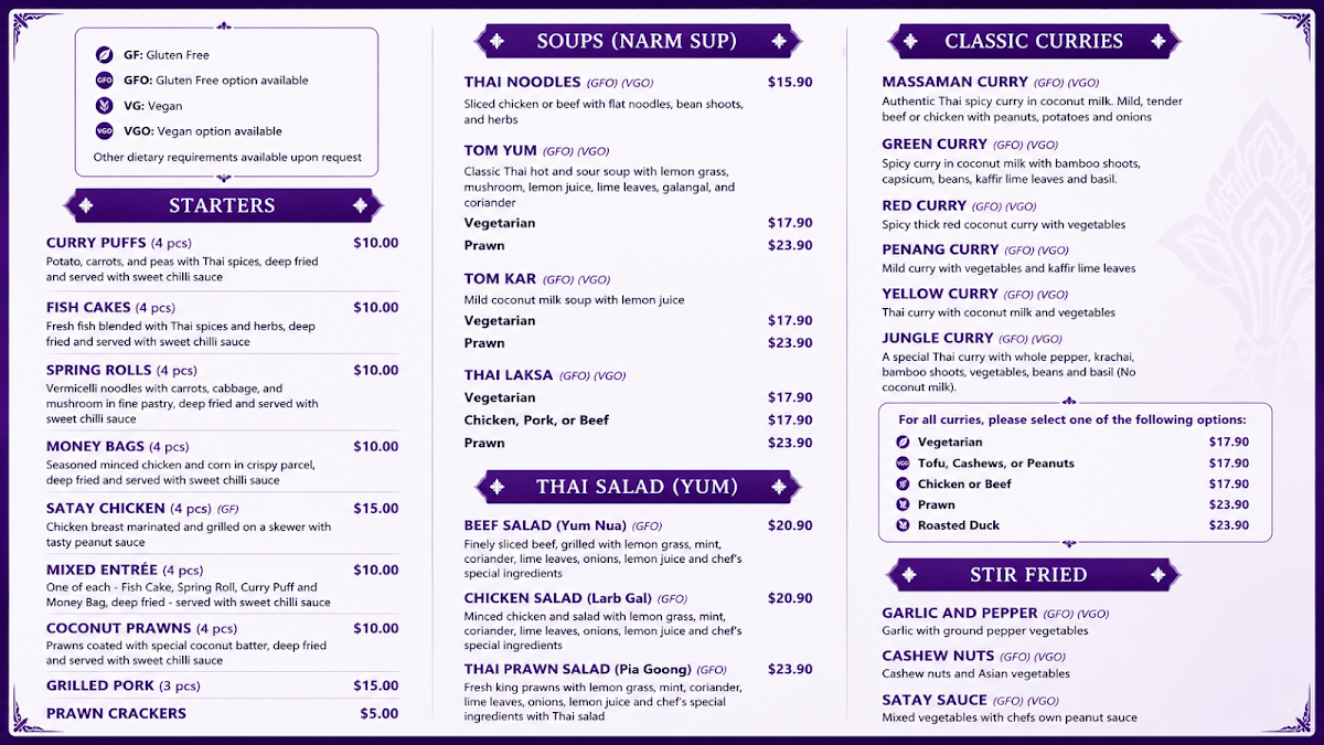 Menu, Chang Thai Kflat
