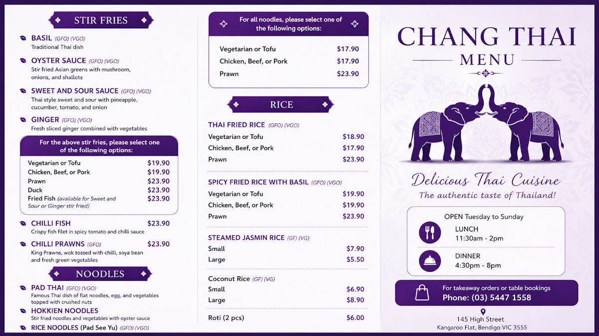Menu, Chang Thai Kflat