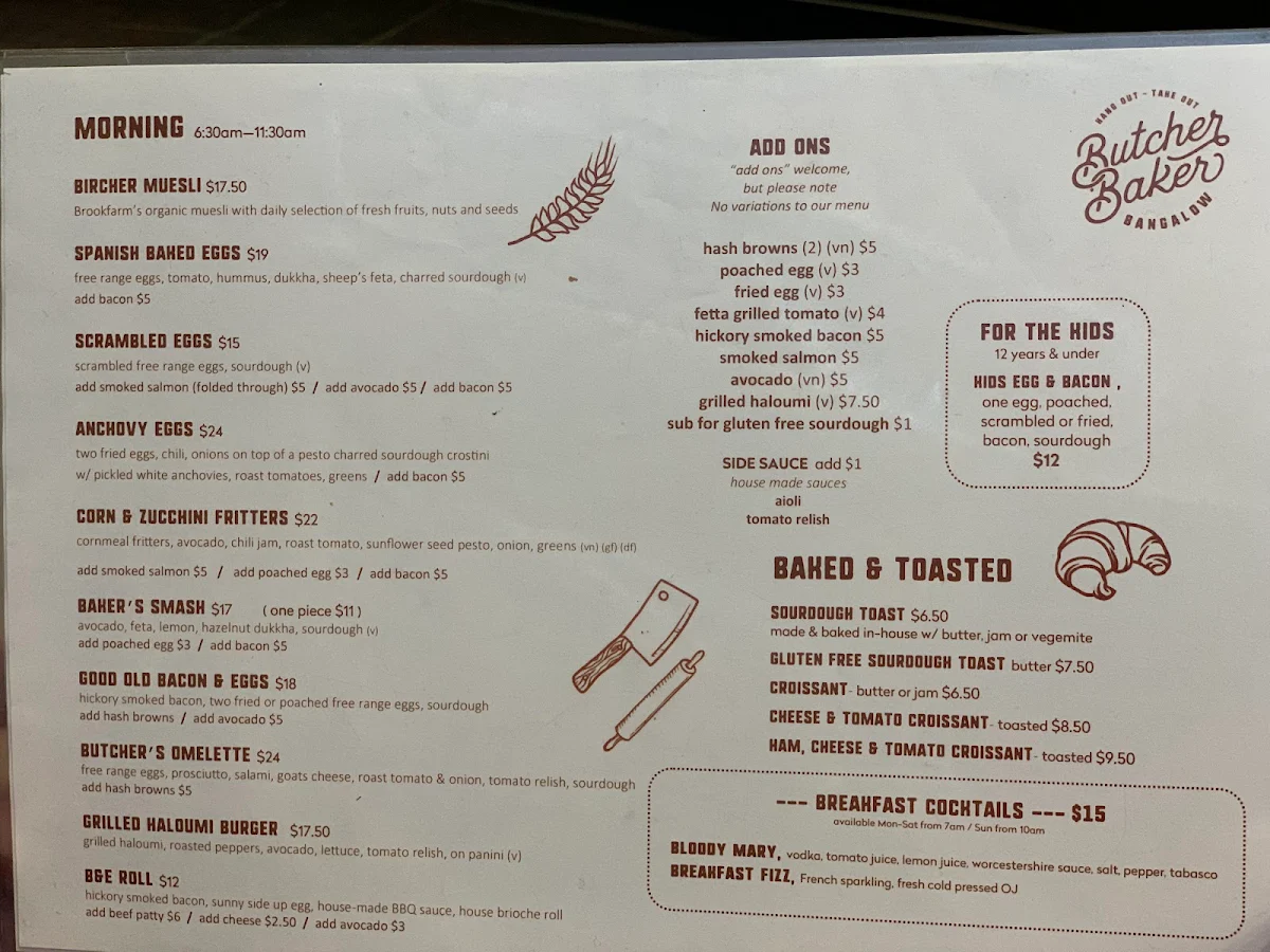 Menu, Butcher Baker Bangalow