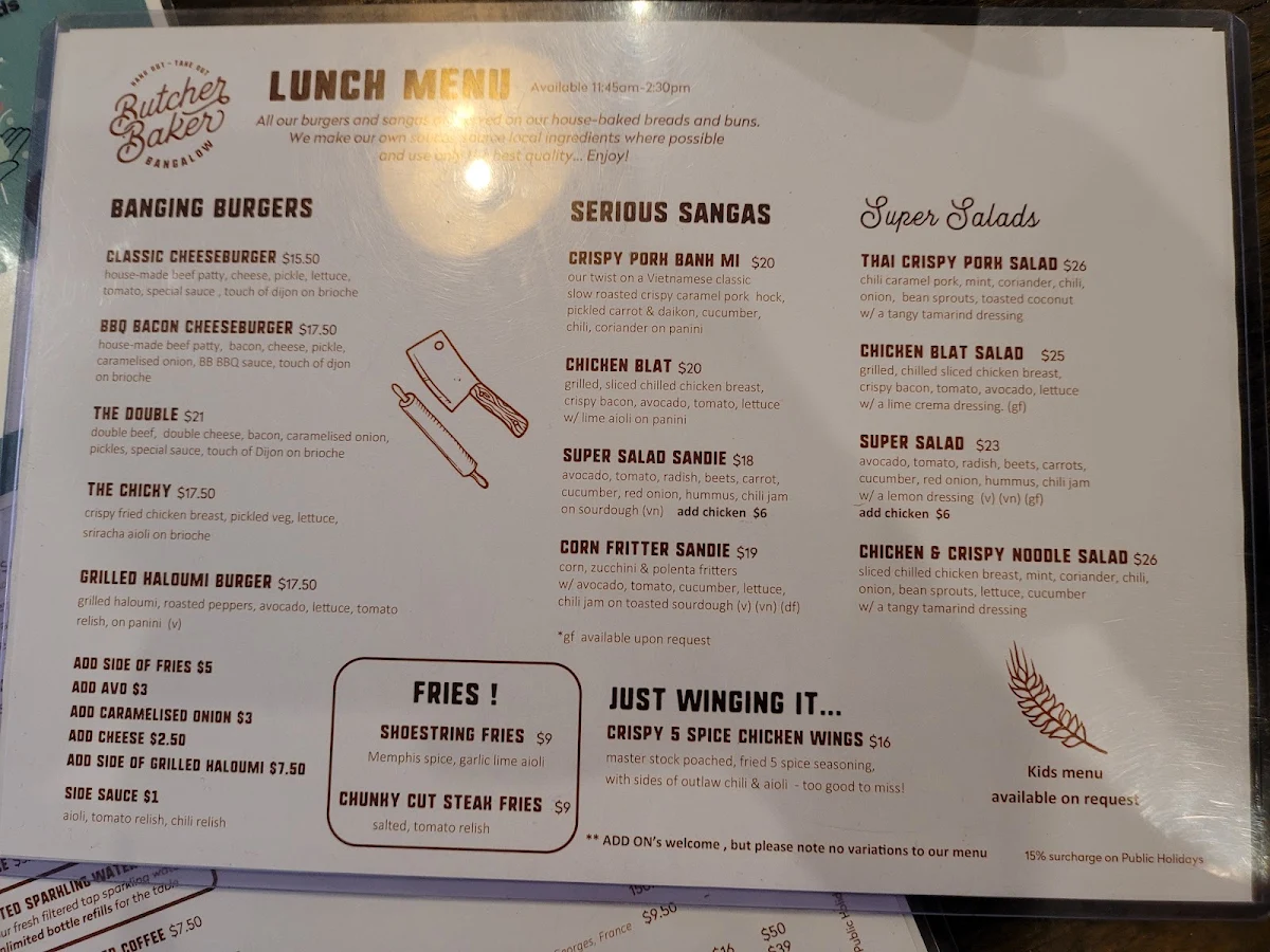 Menu, Butcher Baker Bangalow