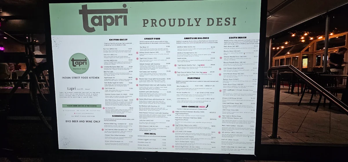 Menu, Tapri Proudly Desi - Paddington