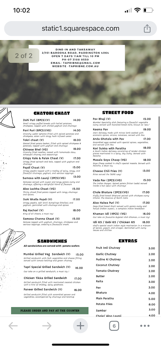 Menu, Tapri Proudly Desi - Paddington