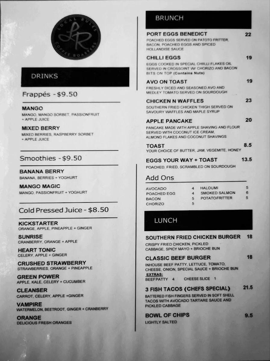 Menu, Local Rules Coffee Roasters