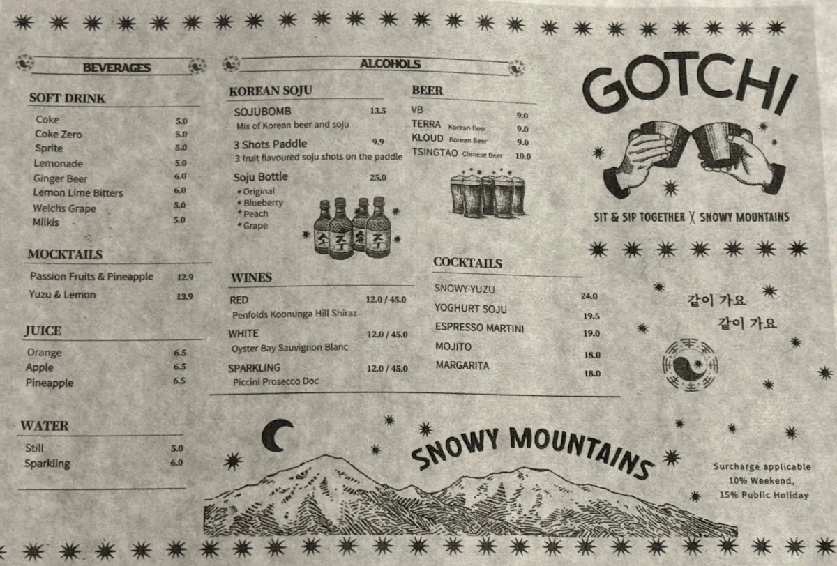 Menu, Gotchi Jindabyne