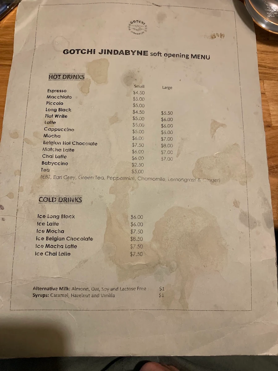 Menu, Gotchi Jindabyne