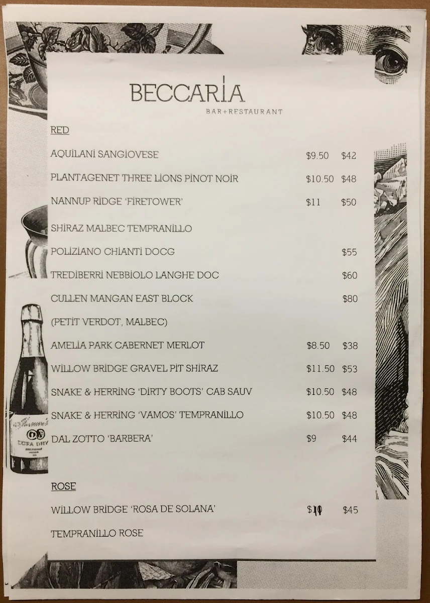Menu, BECCARIA RESTAURANT