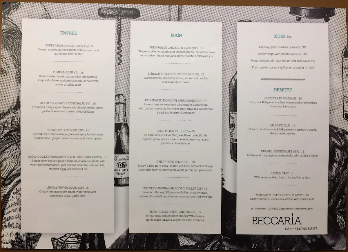 Menu, BECCARIA RESTAURANT