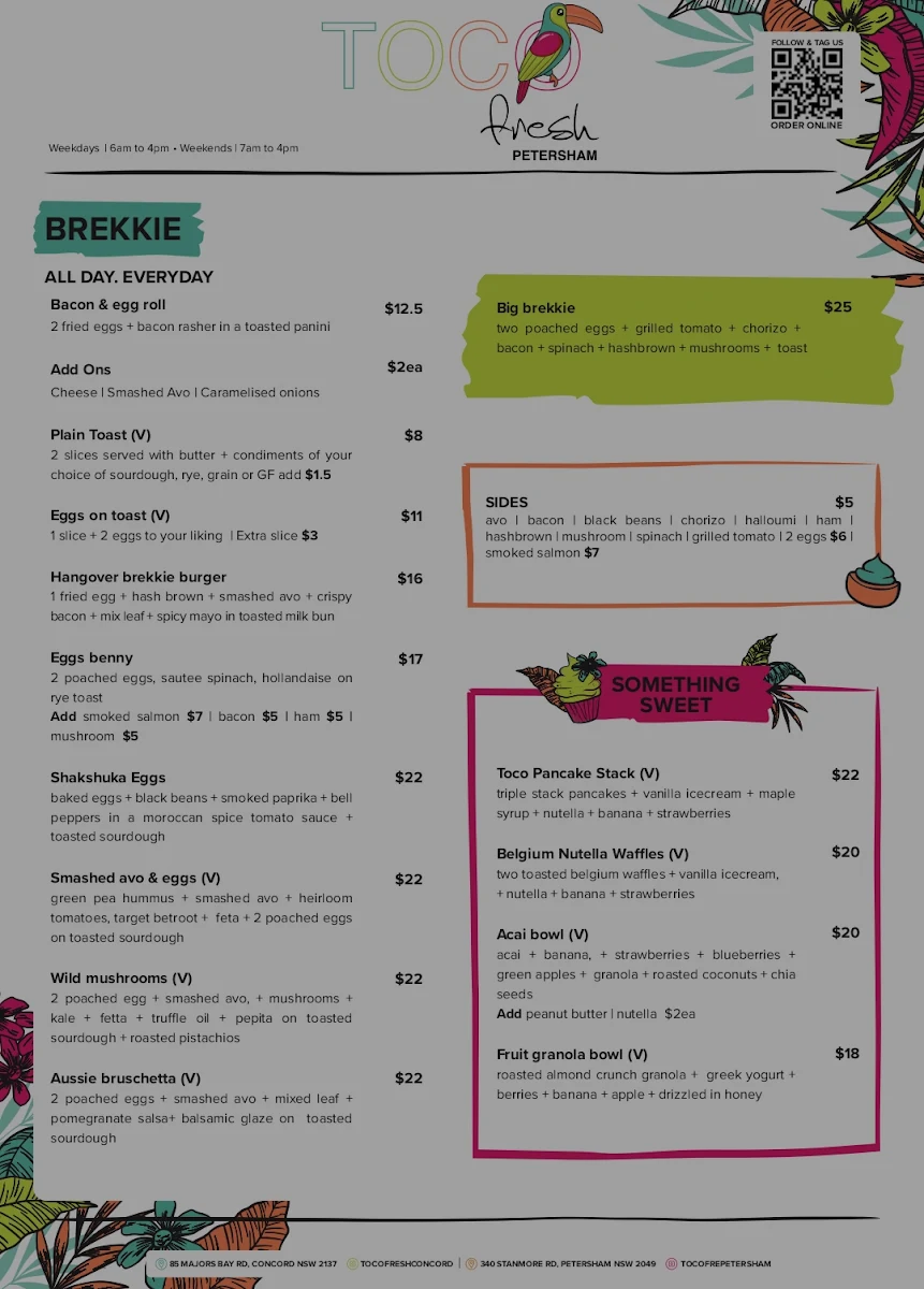 Menu, Toco Fresh Concord
