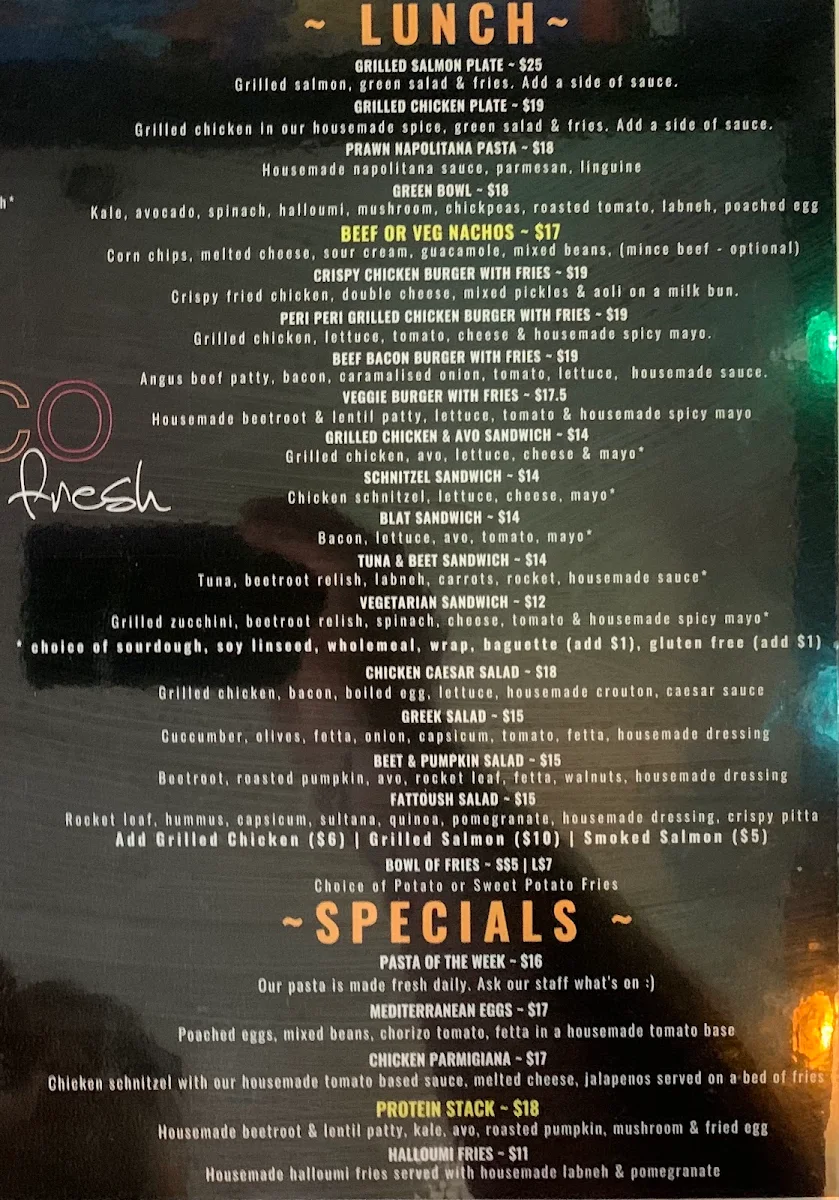 Menu, Toco Fresh Concord