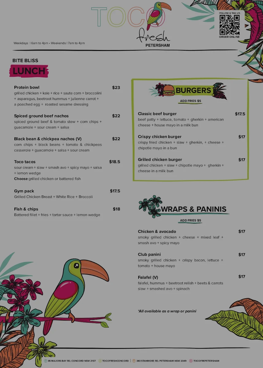 Menu, Toco Fresh Concord