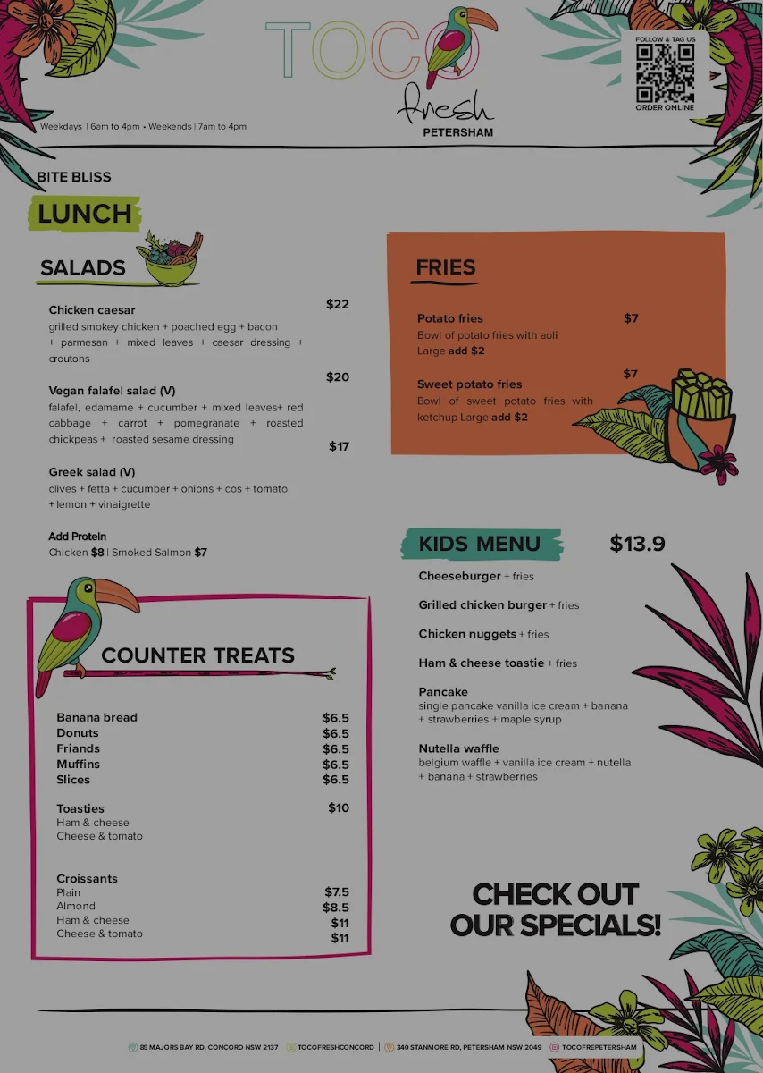 Menu, Toco Fresh Concord
