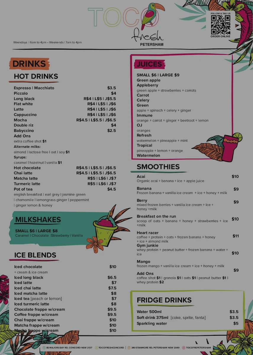 Menu, Toco Fresh Concord