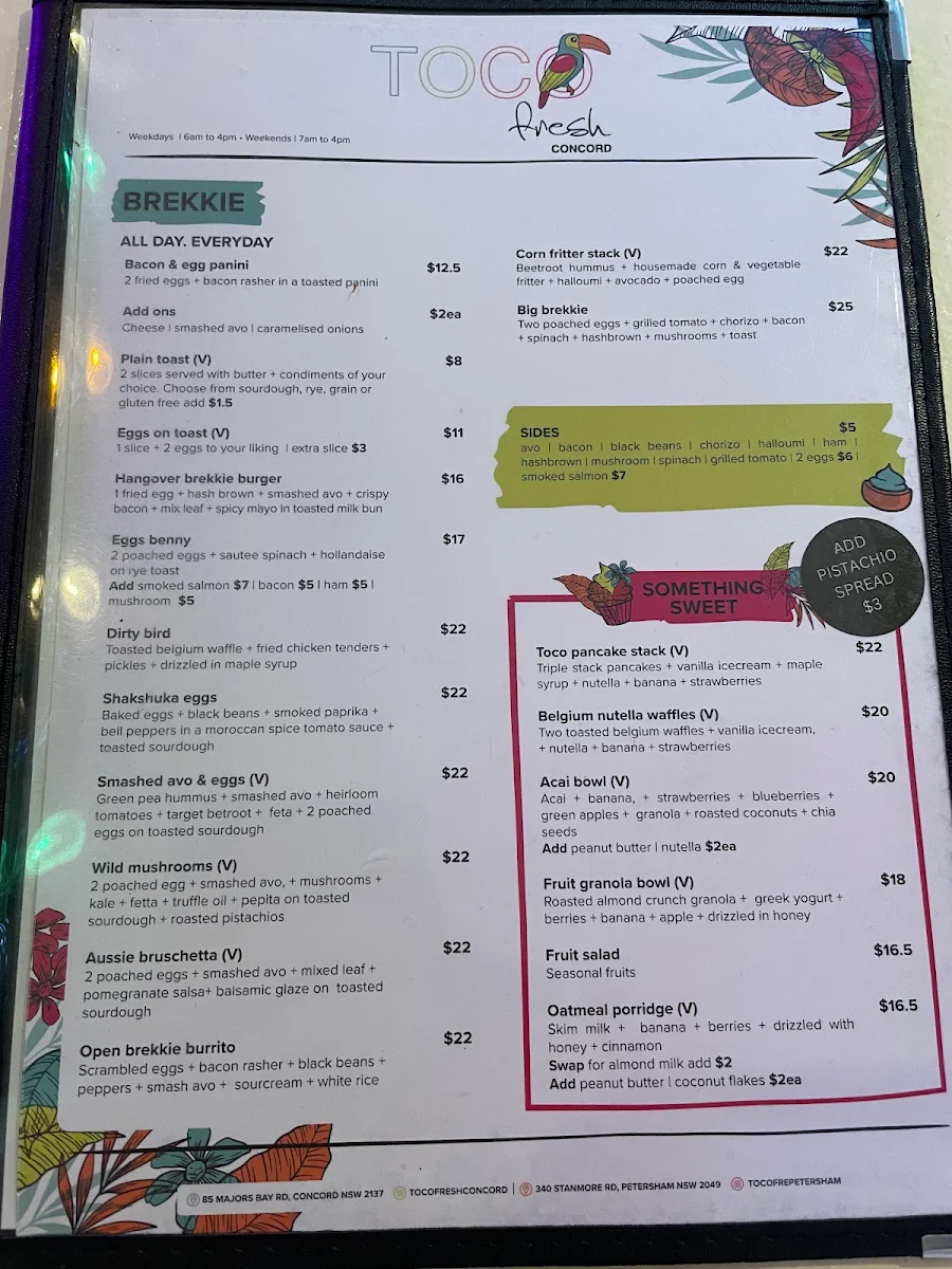 Menu, Toco Fresh Concord